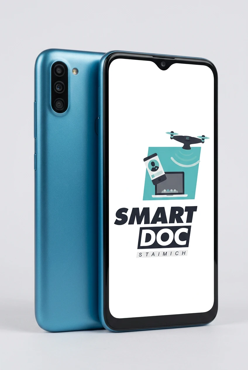Galaxy M11 mit SmartDoc-Staimich-Logo auf dem Display, dahinter ein zweites Galaxy M11 von hinten