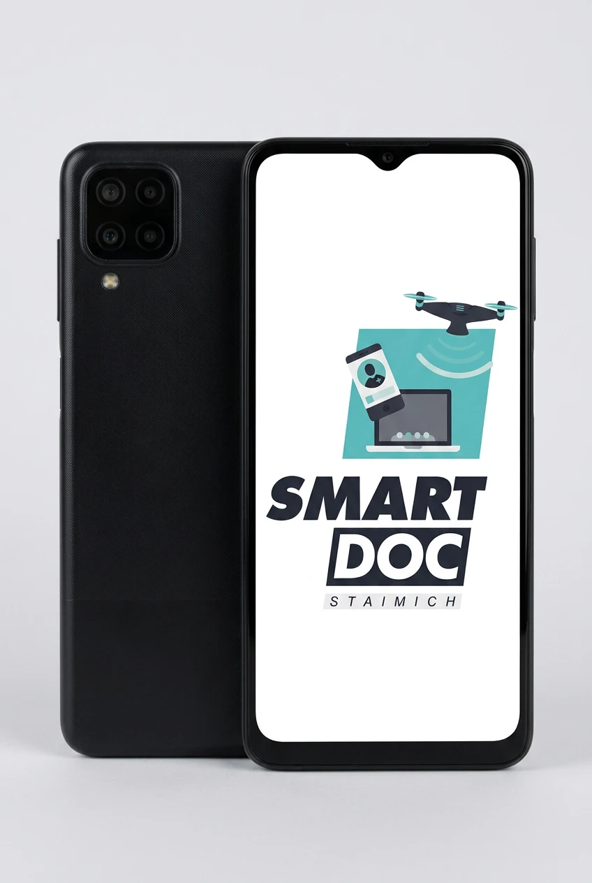 Galaxy M12 mit SmartDoc-Staimich-Logo auf dem Display, dahinter ein zweites Galaxy M12 von hinten