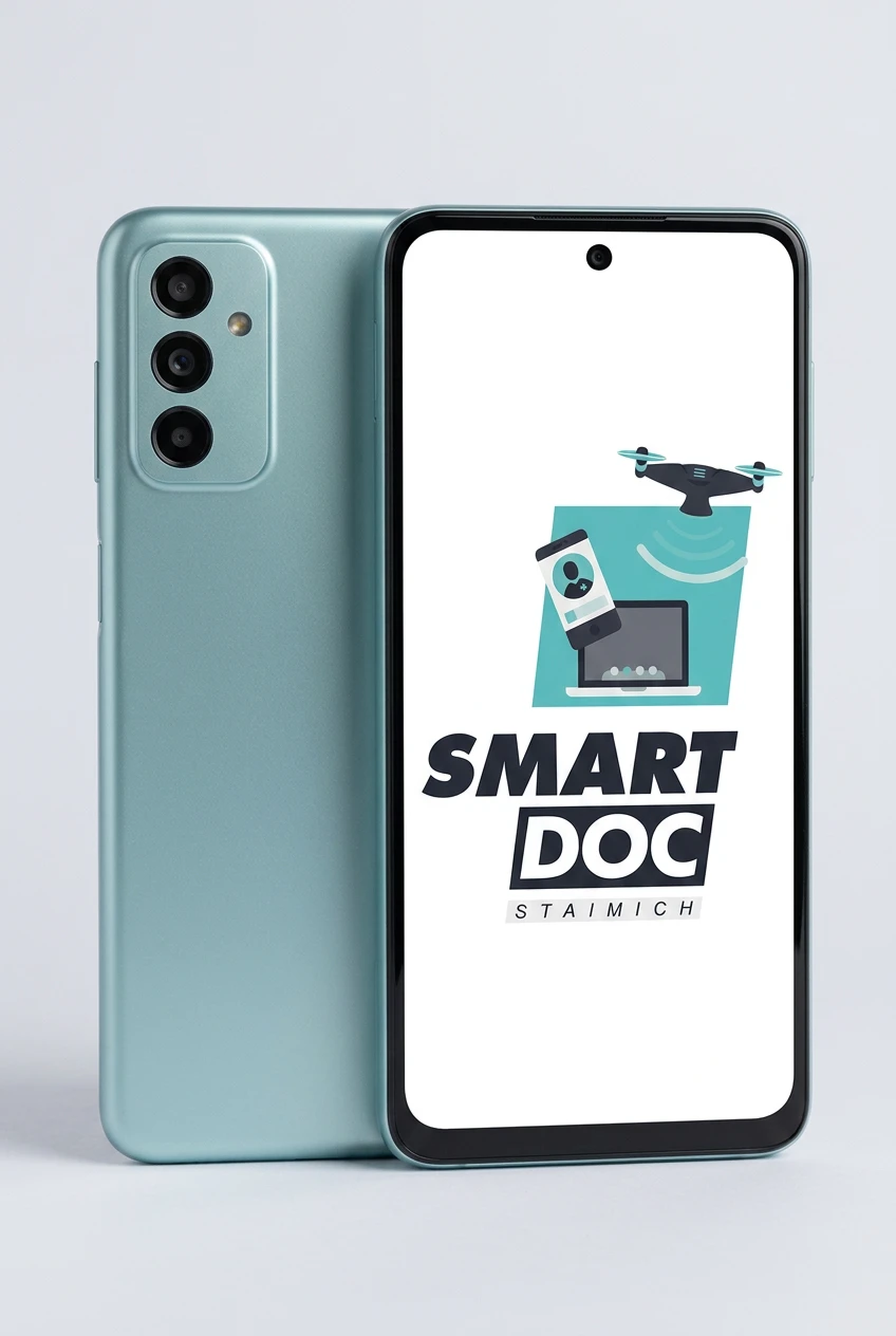 Galaxy M13 mit SmartDoc-Staimich-Logo auf dem Display, dahinter ein zweites Galaxy M13 von hinten