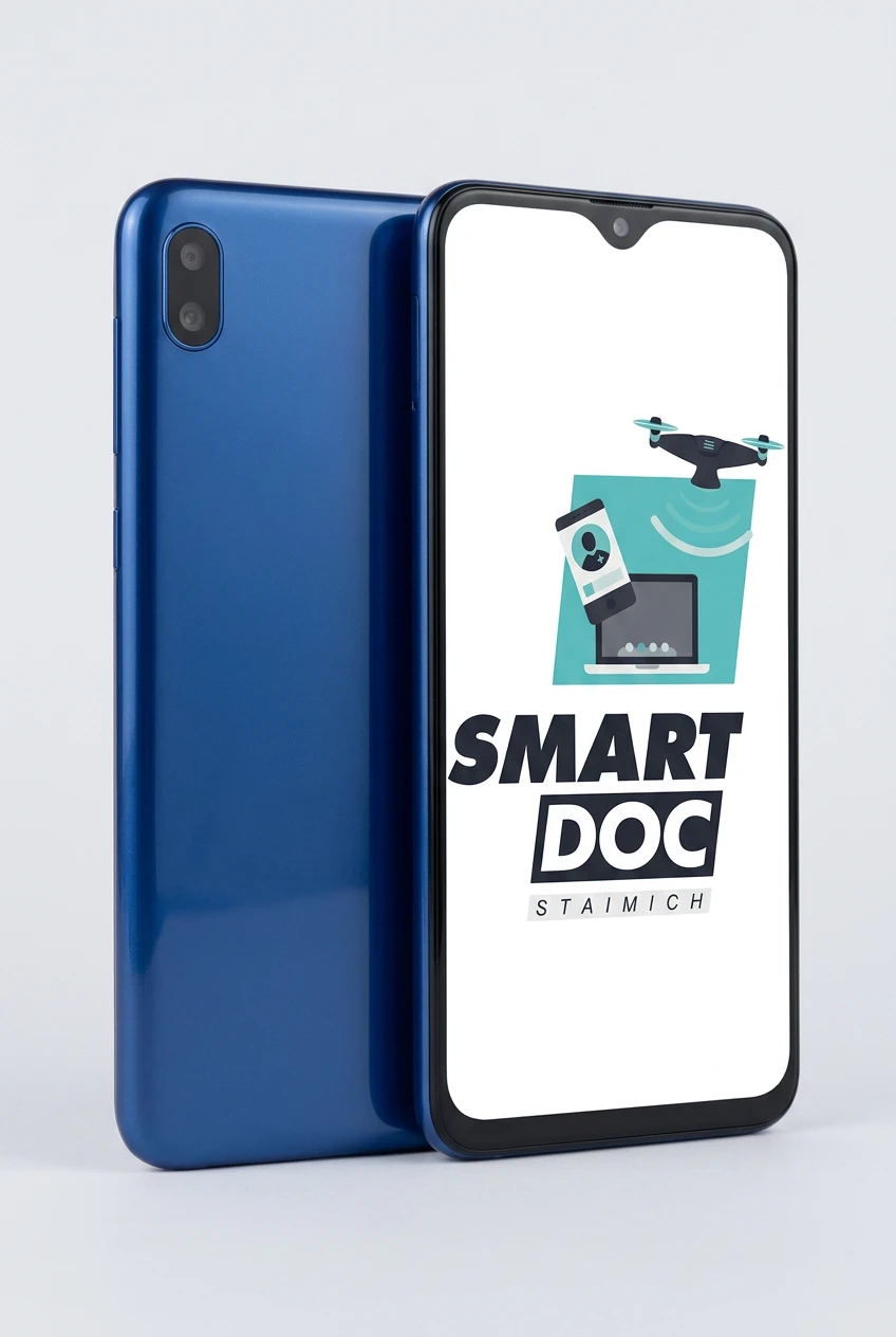 Galaxy M20 (2019) mit SmartDoc-Staimich-Logo auf dem Display, dahinter ein zweites Galaxy M20 (2019) von hinten