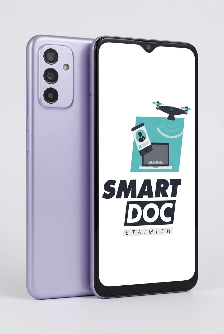 Galaxy M22 mit SmartDoc-Staimich-Logo auf dem Display, dahinter ein zweites Galaxy M22 von hinten