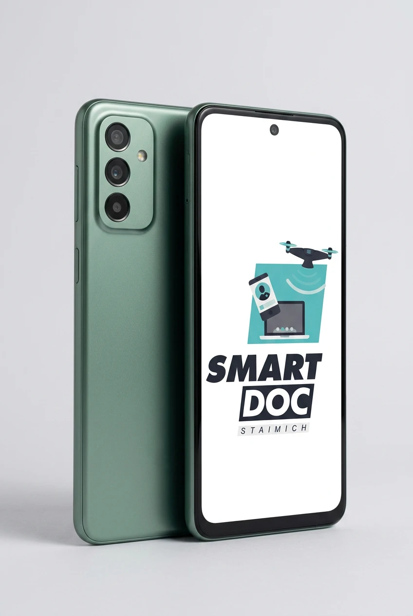 Galaxy M23 5G mit SmartDoc-Staimich-Logo auf dem Display, dahinter ein zweites Galaxy M23 5G von hinten