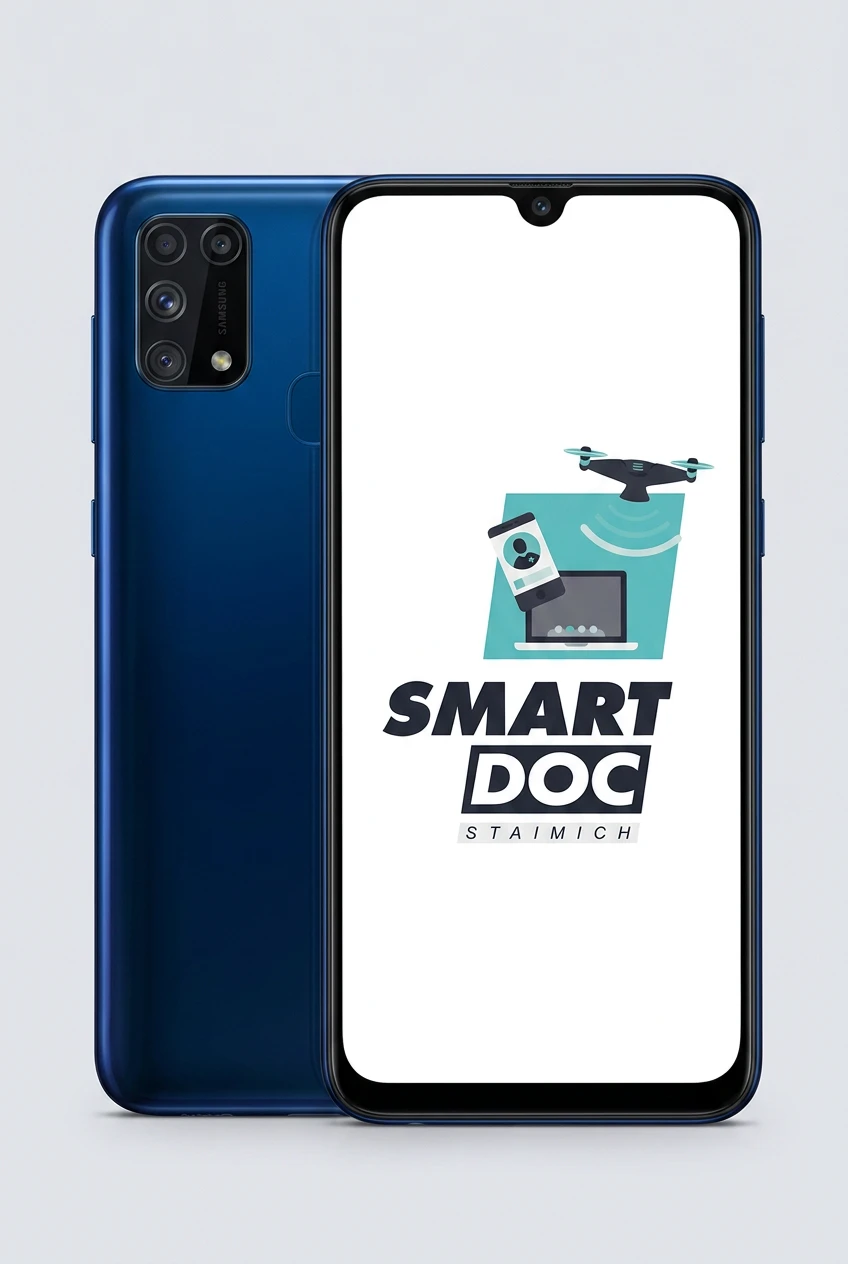 Galaxy M31 mit SmartDoc-Staimich-Logo auf dem Display, dahinter ein zweites Galaxy M31 von hinten