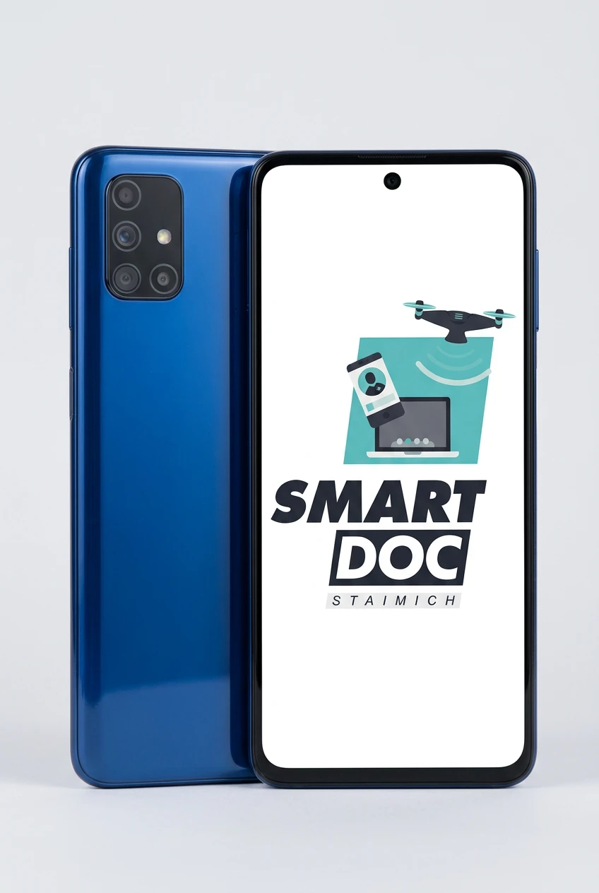 Galaxy M31s mit SmartDoc-Staimich-Logo auf dem Display, dahinter ein zweites Galaxy M31s von hinten