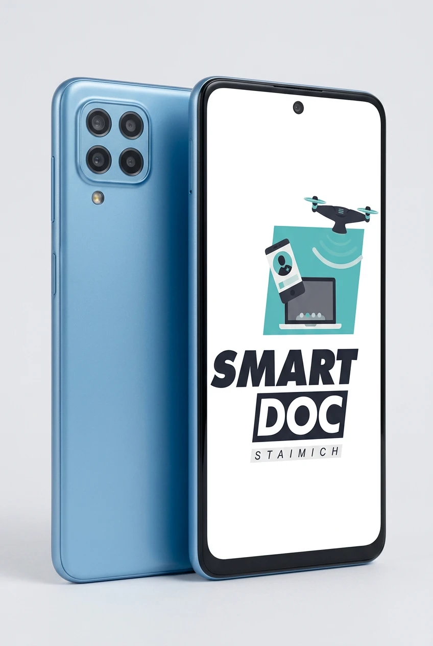 Galaxy M32 mit SmartDoc-Staimich-Logo auf dem Display, dahinter ein zweites Galaxy M32 von hinten