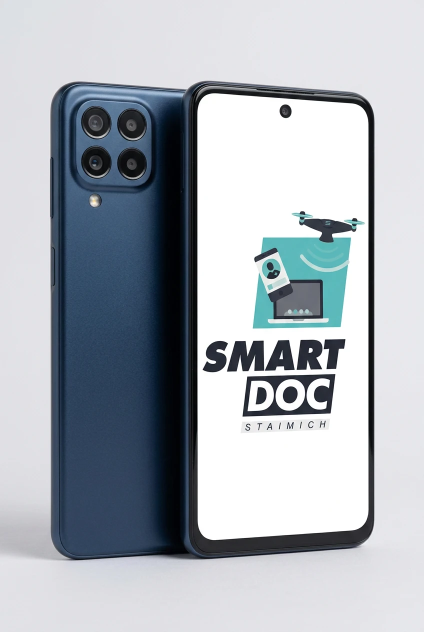 Galaxy M33 5G mit SmartDoc-Staimich-Logo auf dem Display, dahinter ein zweites Galaxy M33 5G von hinten