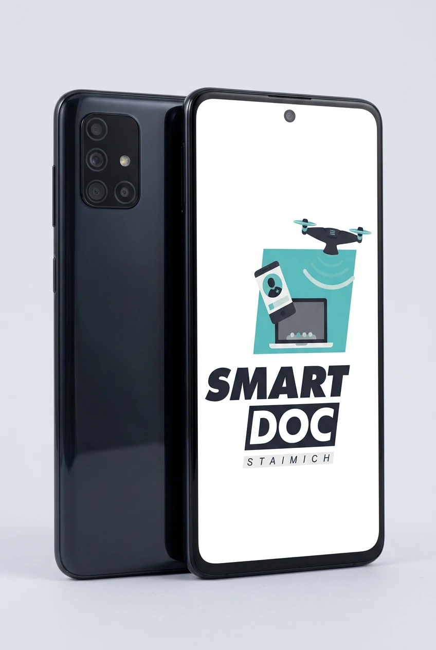 Galaxy M51 mit SmartDoc-Staimich-Logo auf dem Display, dahinter ein zweites Galaxy M51 von hinten
