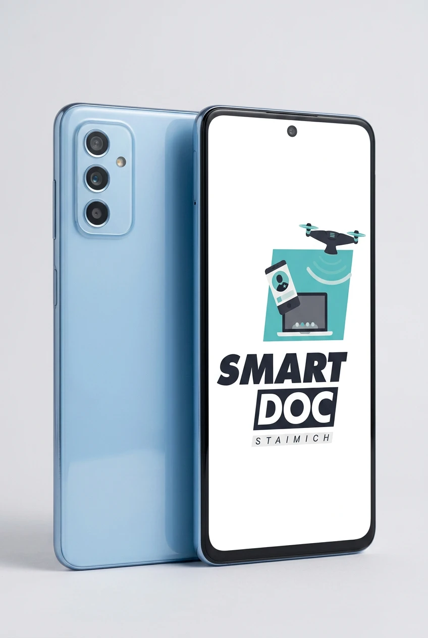 Galaxy M52 5G mit SmartDoc-Staimich-Logo auf dem Display, dahinter ein zweites Galaxy M52 5G von hinten