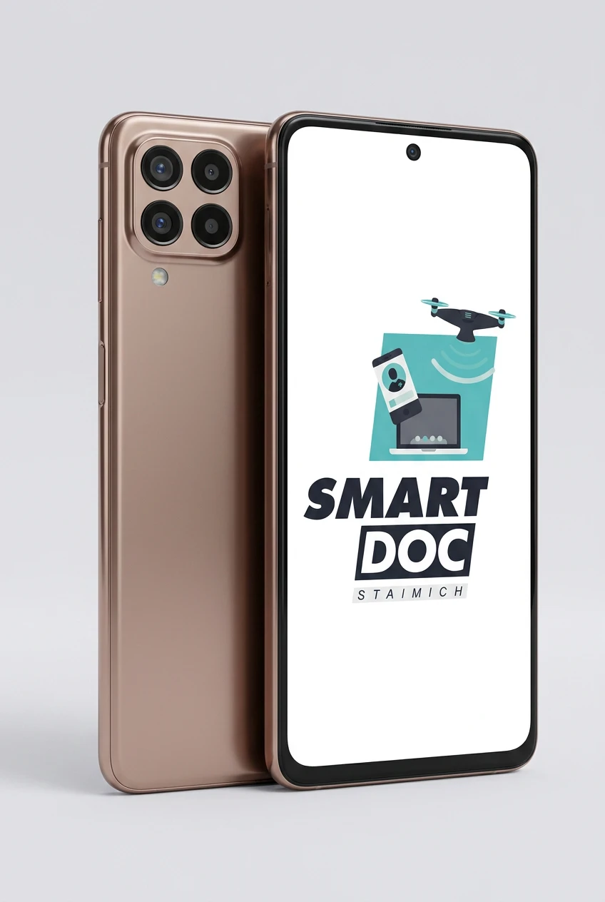 Galaxy M53 5G mit SmartDoc-Staimich-Logo auf dem Display, dahinter ein zweites Galaxy M53 5G von hinten