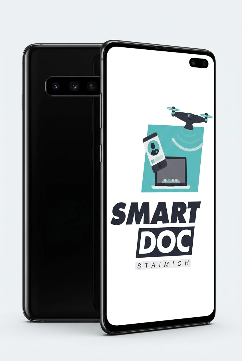 Galaxy S10 5G mit SmartDoc-Staimich-Logo auf dem Display, dahinter ein zweites Galaxy S10 5G von hinten
