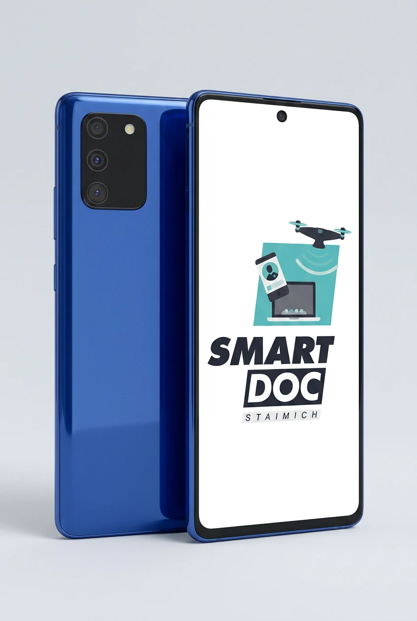 Galaxy S10 Lite mit SmartDoc-Staimich-Logo auf dem Display, dahinter ein zweites Galaxy S10 Lite von hinten