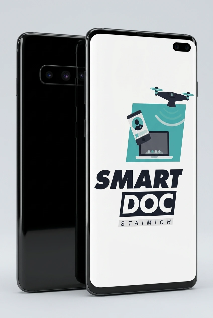 Galaxy S10 Plus mit SmartDoc-Staimich-Logo auf dem Display, dahinter ein zweites Galaxy S10 Plus von hinten