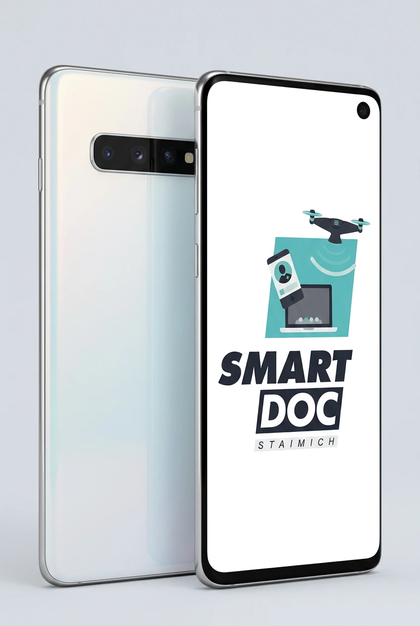 Galaxy S10 mit SmartDoc-Staimich-Logo auf dem Display, dahinter ein zweites Galaxy S10 von hinten