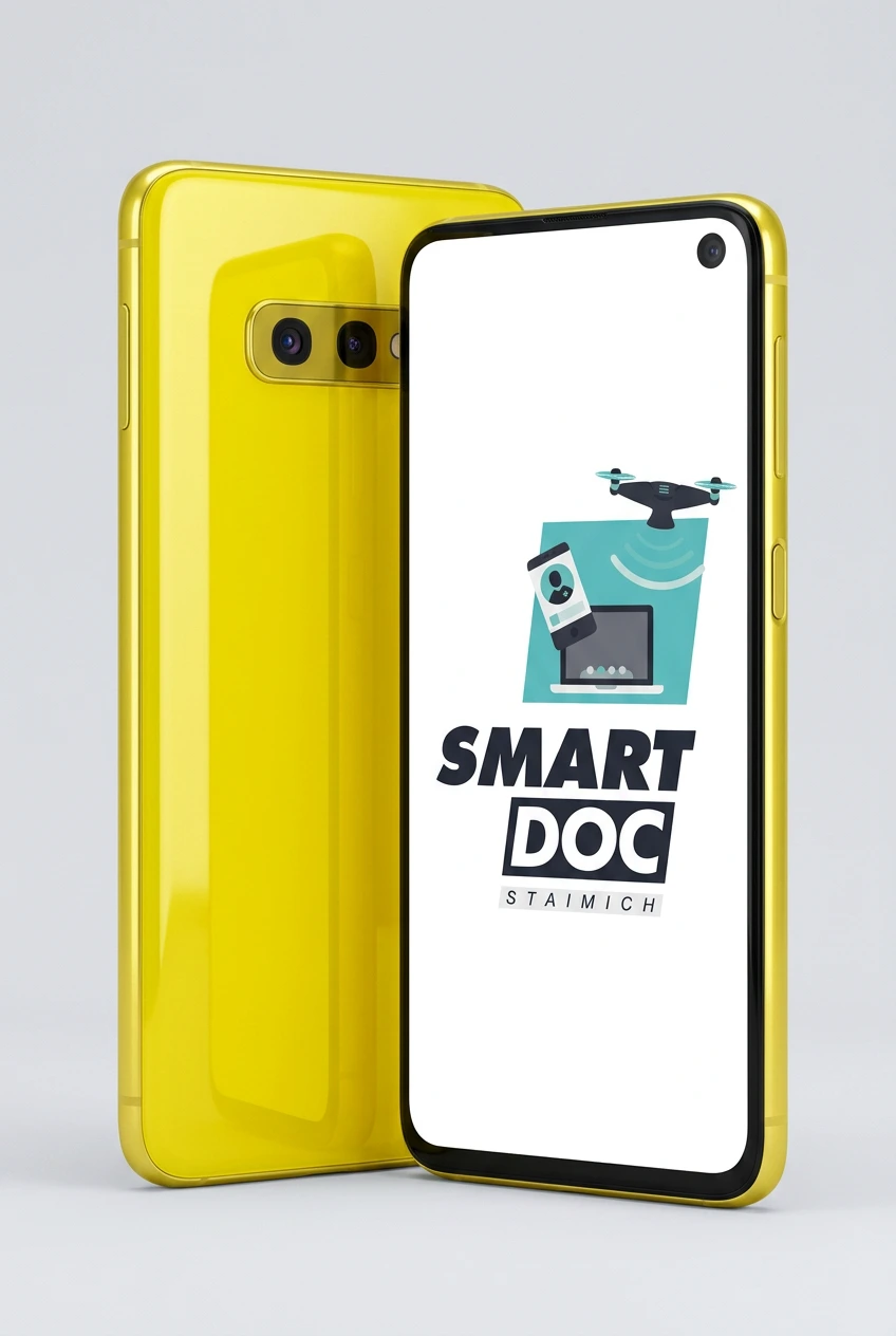 Galaxy S10e mit SmartDoc-Staimich-Logo auf dem Display, dahinter ein zweites Galaxy S10e von hinten