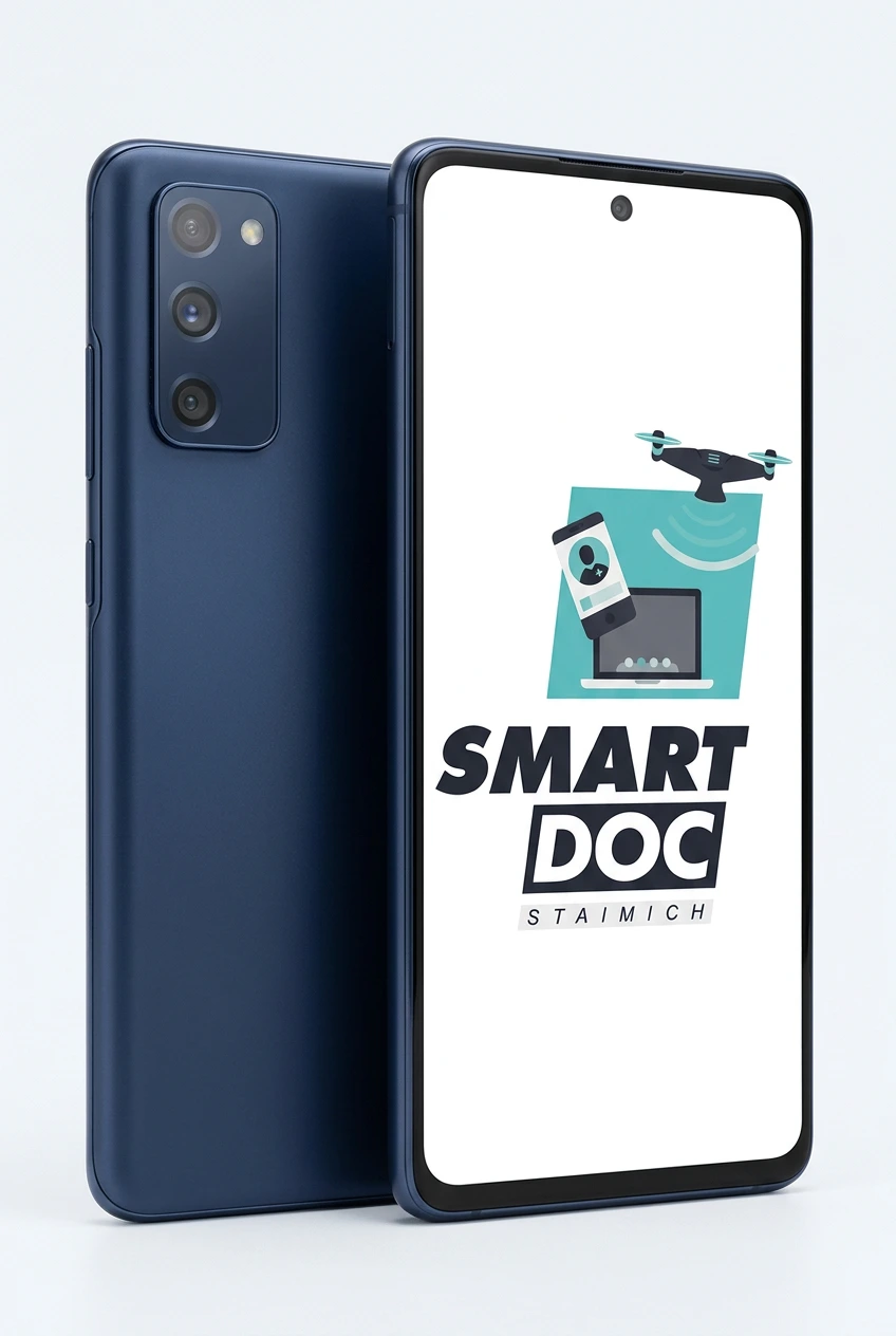 Galaxy S20 FE mit SmartDoc-Staimich-Logo auf dem Display, dahinter ein zweites Galaxy S20 FE von hinten