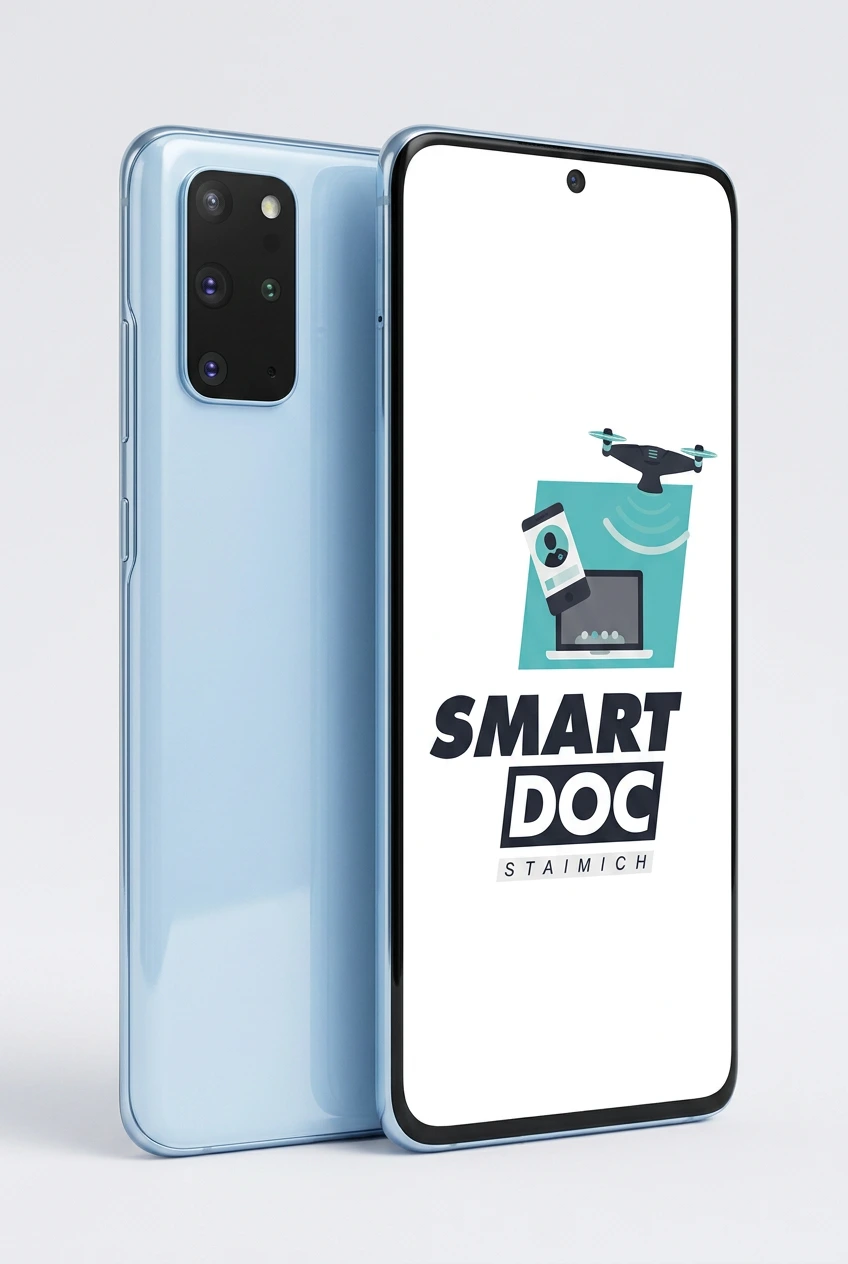 Galaxy S20 Plus mit SmartDoc-Staimich-Logo auf dem Display, dahinter ein zweites Galaxy S20 Plus von hinten