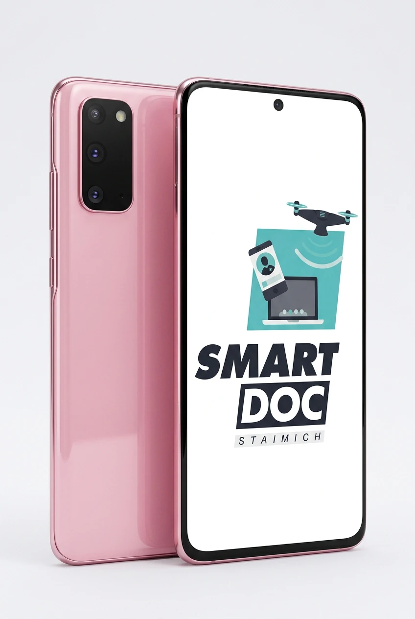 Galaxy S20 mit SmartDoc-Staimich-Logo auf dem Display, dahinter ein zweites Galaxy S20 von hinten