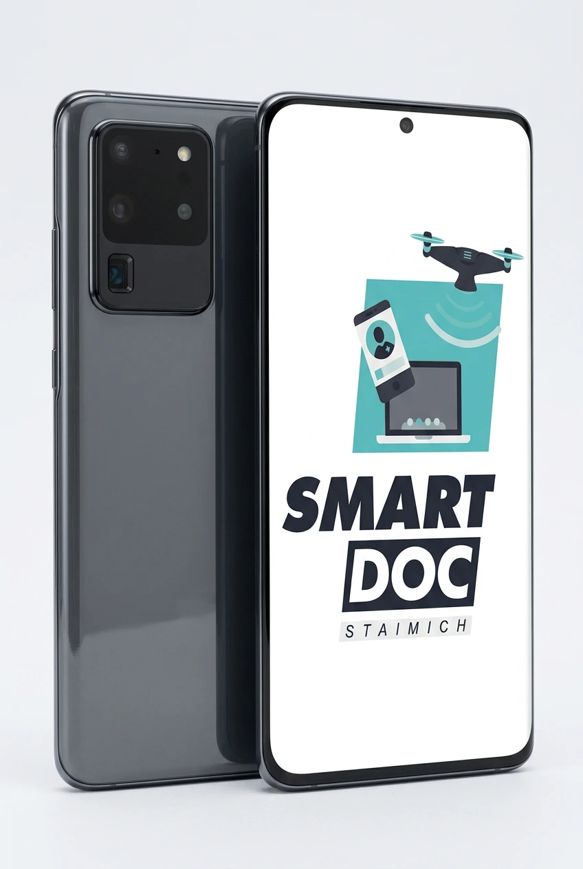Galaxy S20 Ultra mit SmartDoc-Staimich-Logo auf dem Display, dahinter ein zweites Galaxy S20 Ultra von hinten