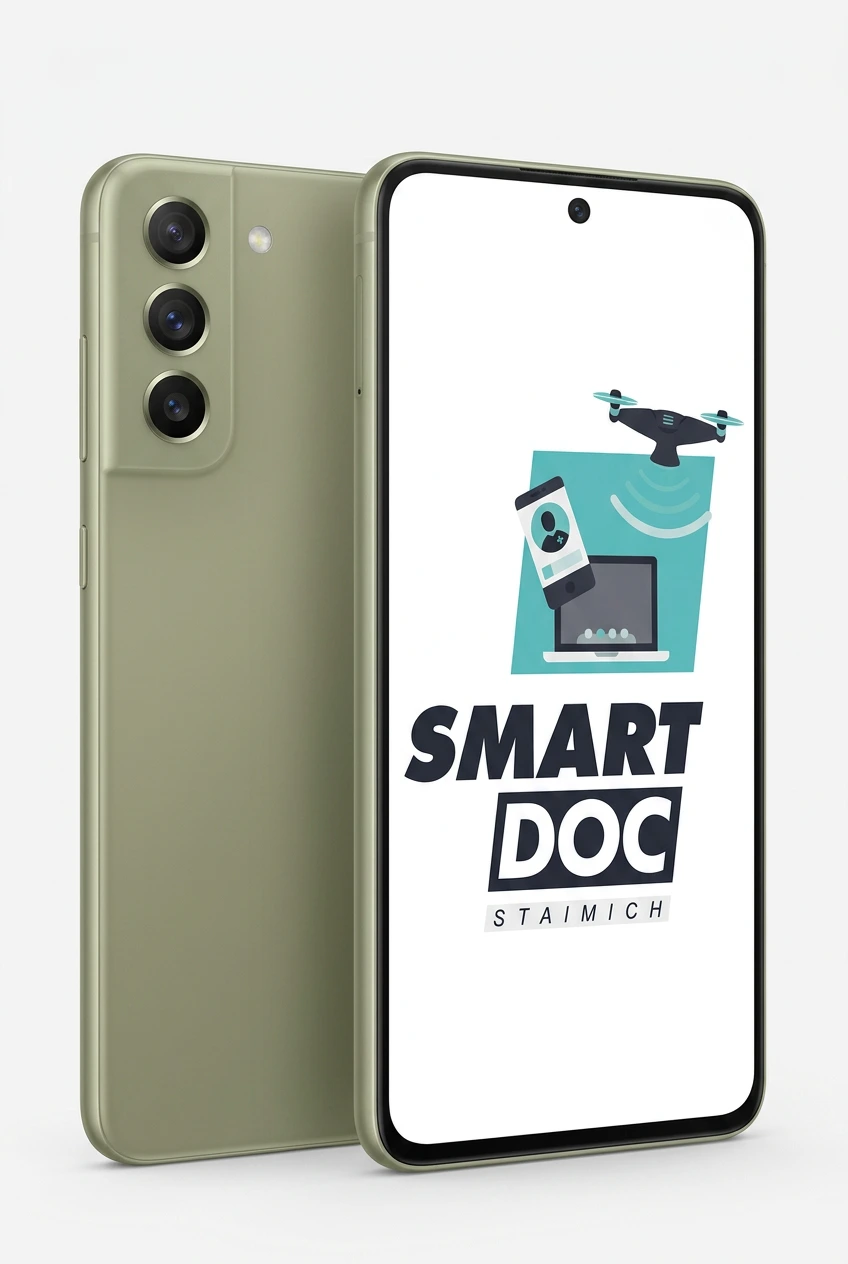 Galaxy S21 FE mit SmartDoc-Staimich-Logo auf dem Display, dahinter ein zweites Galaxy S21 FE von hinten