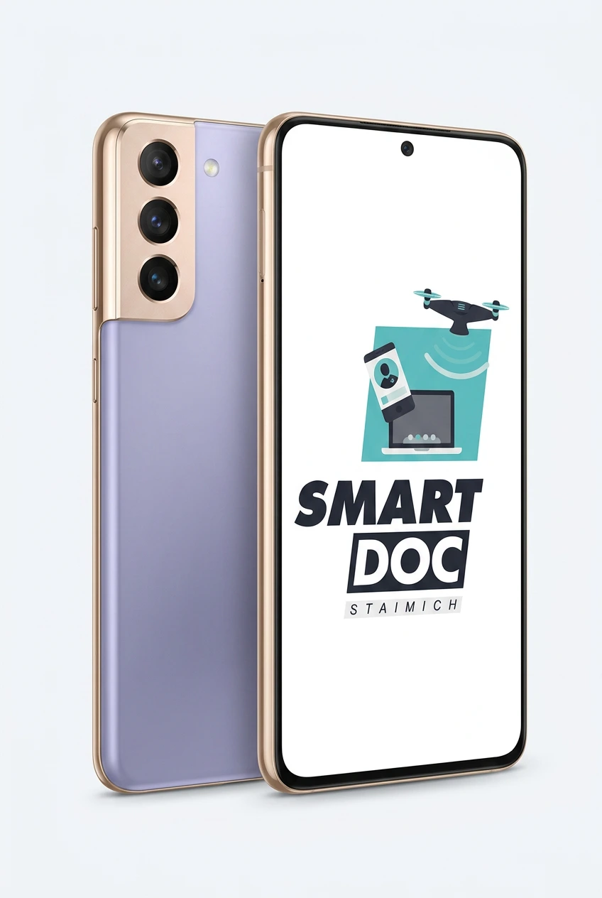 Galaxy S21 Plus mit SmartDoc-Staimich-Logo auf dem Display, dahinter ein zweites Galaxy S21 Plus von hinten