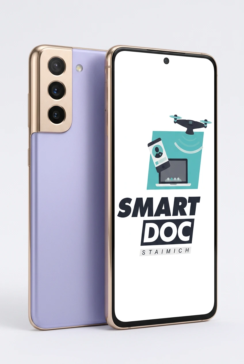 Galaxy S21 mit SmartDoc-Staimich-Logo auf dem Display, dahinter ein zweites Galaxy S21 von hinten