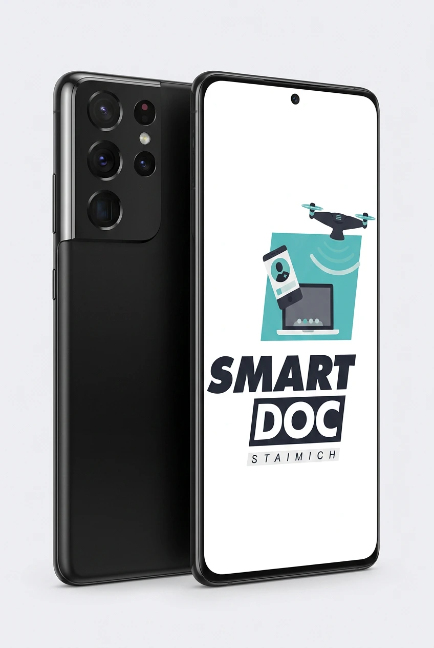 Galaxy S21 Ultra mit SmartDoc-Staimich-Logo auf dem Display, dahinter ein zweites Galaxy S21 Ultra von hinten