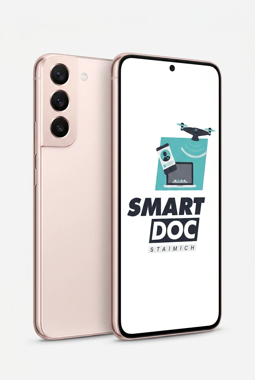 Galaxy S22 Plus mit SmartDoc-Staimich-Logo auf dem Display, dahinter ein zweites Galaxy S22 Plus von hinten