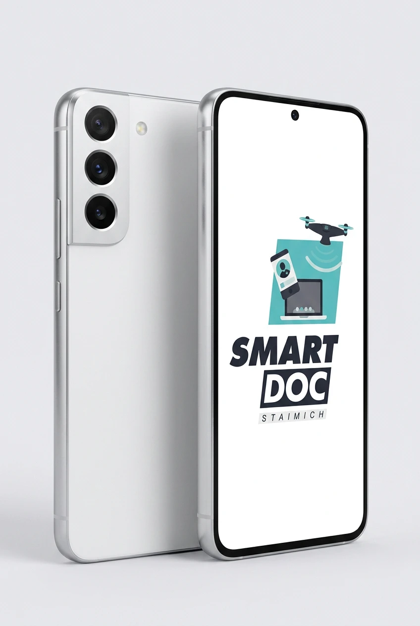 Galaxy S22 mit SmartDoc-Staimich-Logo auf dem Display, dahinter ein zweites Galaxy S22 von hinten