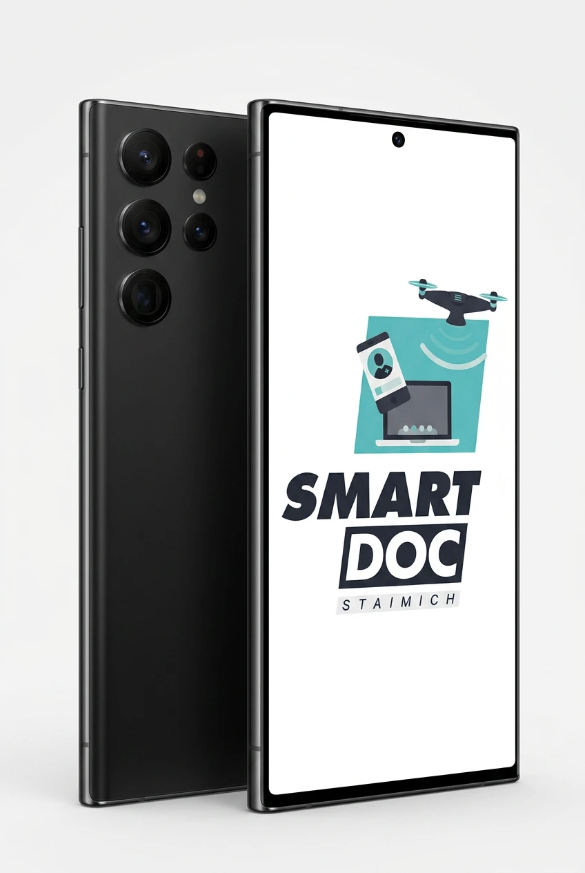 Galaxy S22 Ultra mit SmartDoc-Staimich-Logo auf dem Display, dahinter ein zweites Galaxy S22 Ultra von hinten