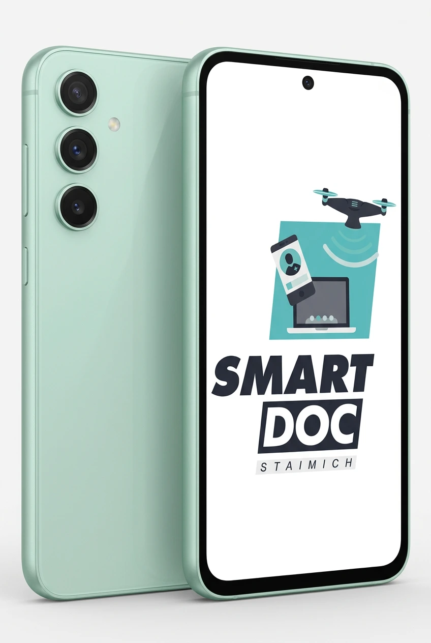 Galaxy S23 FE mit SmartDoc-Staimich-Logo auf dem Display, dahinter ein zweites Galaxy S23 FE von hinten