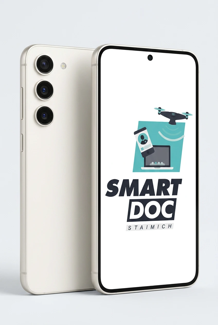 Galaxy S23 Plus mit SmartDoc-Staimich-Logo auf dem Display, dahinter ein zweites Galaxy S23 Plus von hinten
