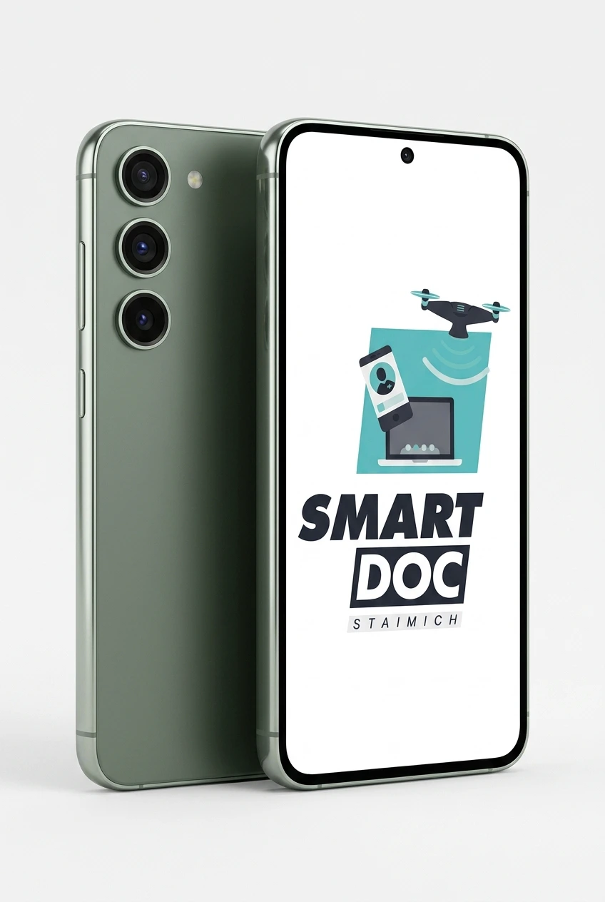 Galaxy S23 mit SmartDoc-Staimich-Logo auf dem Display, dahinter ein zweites Galaxy S23 von hinten