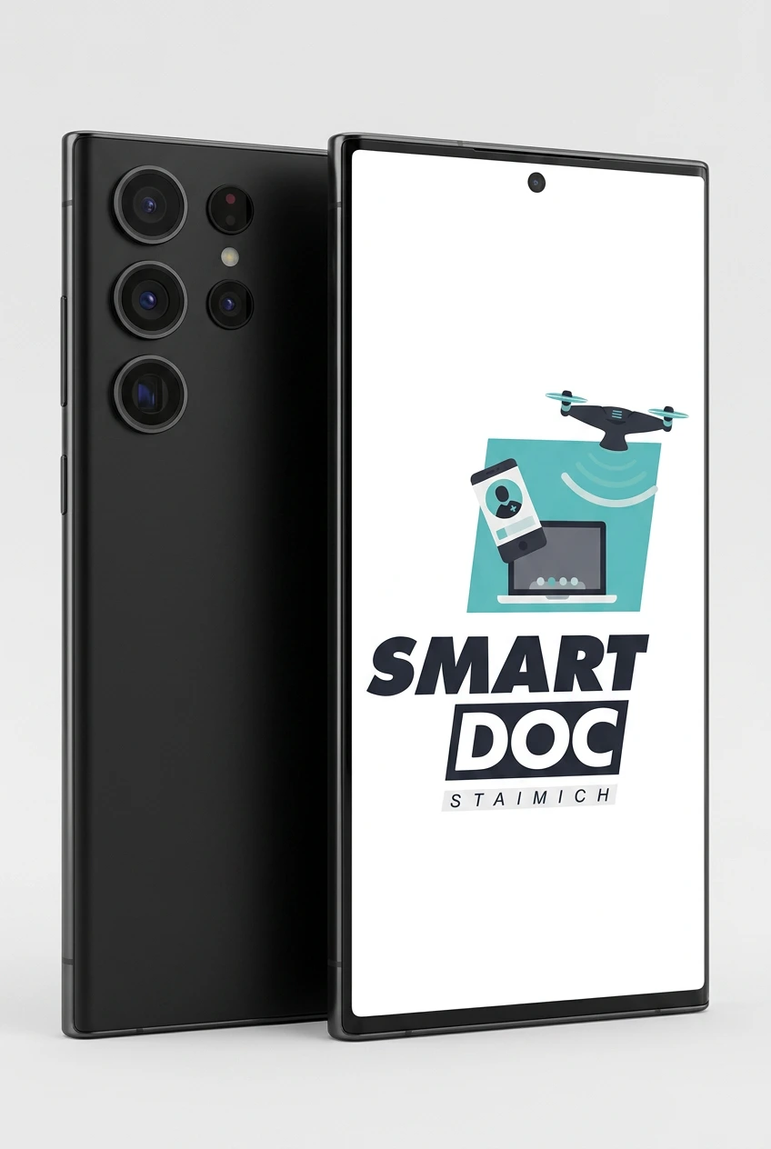 Galaxy S23 Ultra mit SmartDoc-Staimich-Logo auf dem Display, dahinter ein zweites Galaxy S23 Ultra von hinten