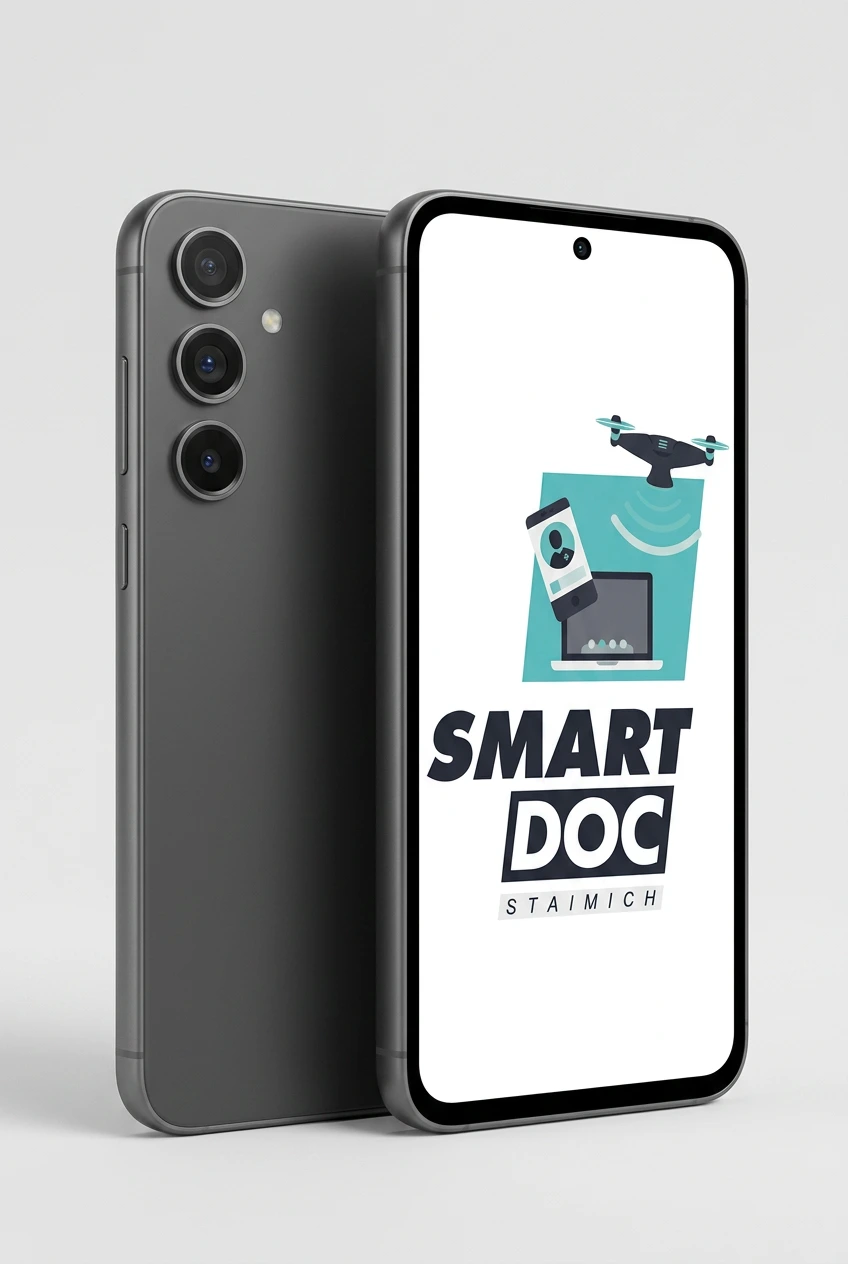 Galaxy S24 FE mit SmartDoc-Staimich-Logo auf dem Display, dahinter ein zweites Galaxy S24 FE von hinten