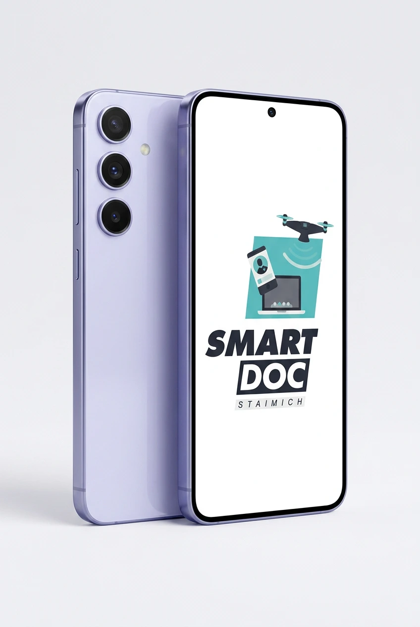 Galaxy S24 Plus mit SmartDoc-Staimich-Logo auf dem Display, dahinter ein zweites Galaxy S24 Plus von hinten