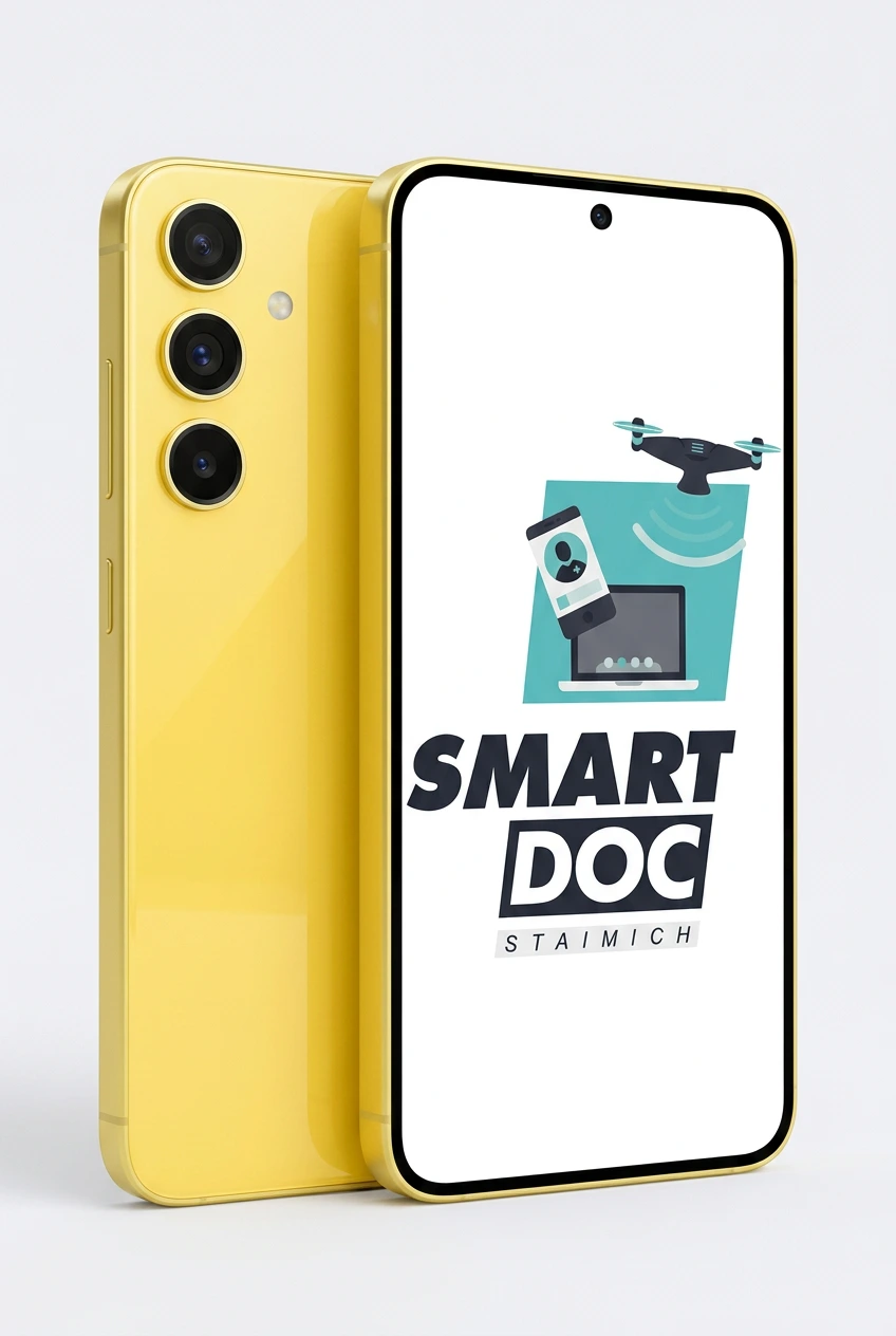 Galaxy S24 mit SmartDoc-Staimich-Logo auf dem Display, dahinter ein zweites Galaxy S24 von hinten