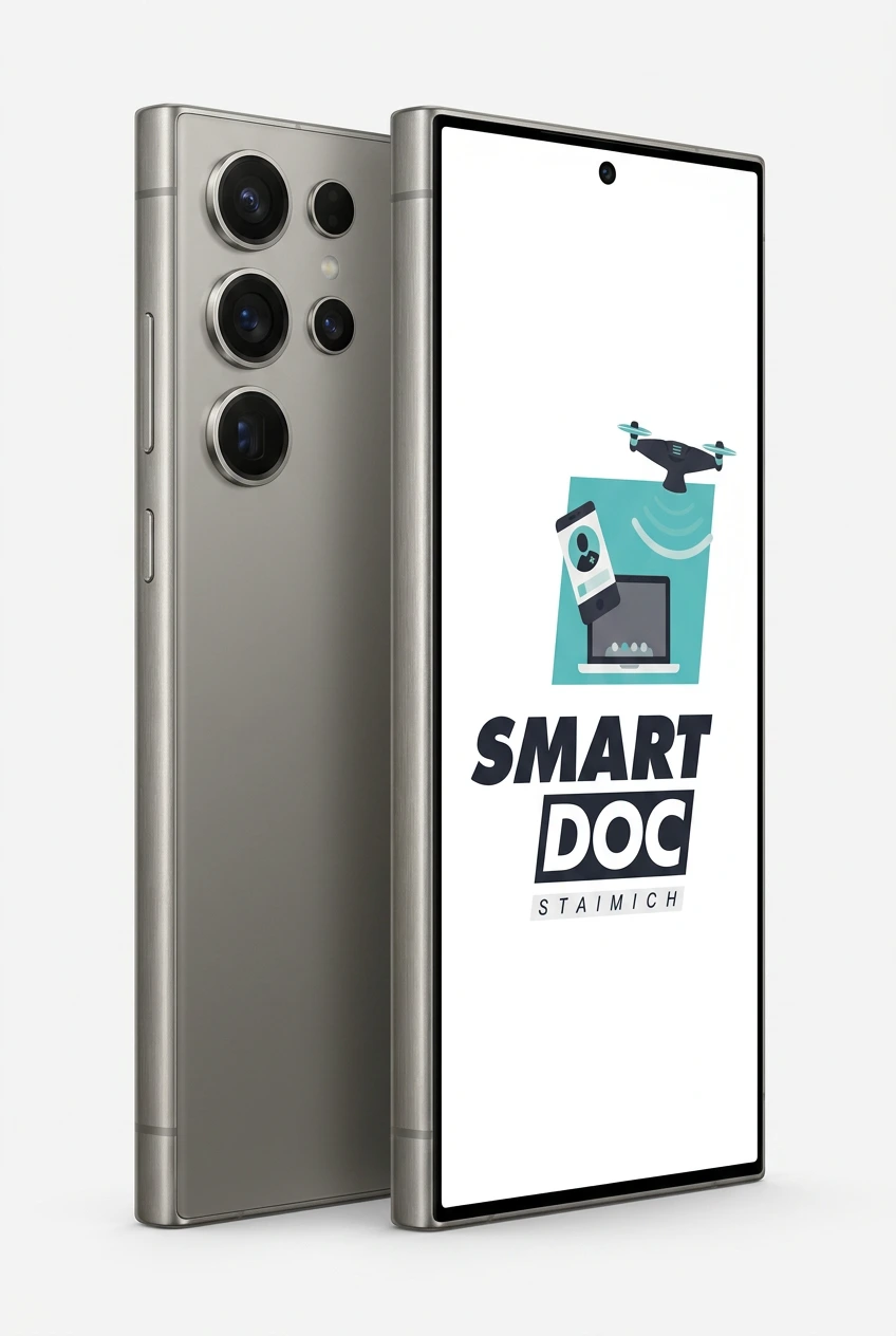 Galaxy S24 Ultra mit SmartDoc-Staimich-Logo auf dem Display, dahinter ein zweites Galaxy S24 Ultra von hinten