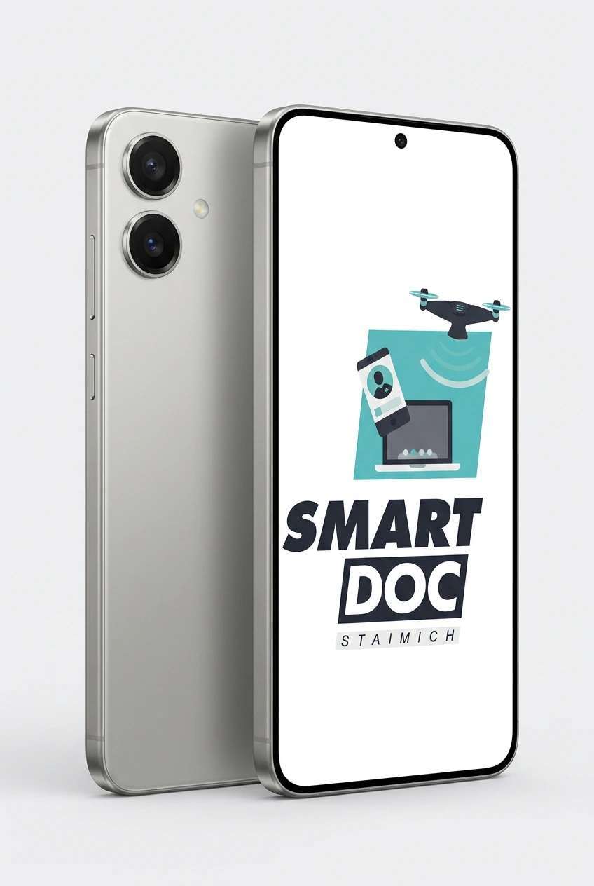 Galaxy S25 Edge mit SmartDoc-Staimich-Logo auf dem Display, dahinter ein zweites Galaxy S25 Edge von hinten