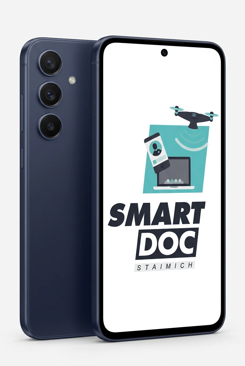 Galaxy S25 FE mit SmartDoc-Staimich-Logo auf dem Display, dahinter ein zweites Galaxy S25 FE von hinten