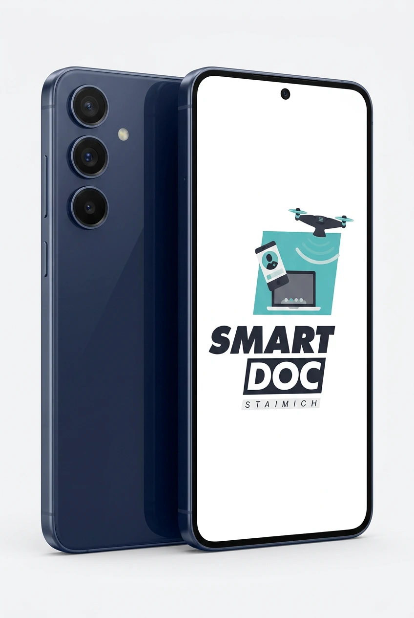 Galaxy S25 Plus mit SmartDoc-Staimich-Logo auf dem Display, dahinter ein zweites Galaxy S25 Plus von hinten