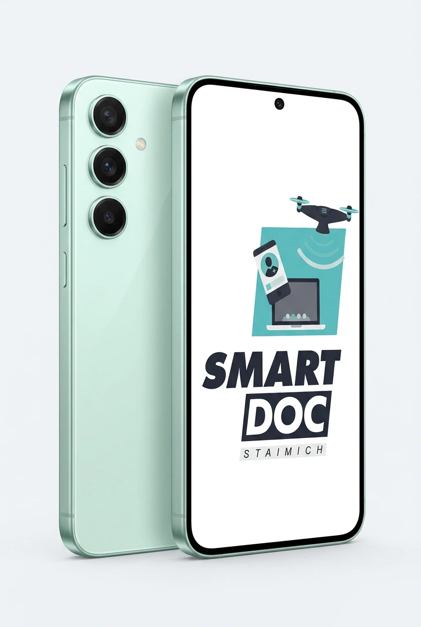 Galaxy S25 mit SmartDoc-Staimich-Logo auf dem Display, dahinter ein zweites Galaxy S25 von hinten