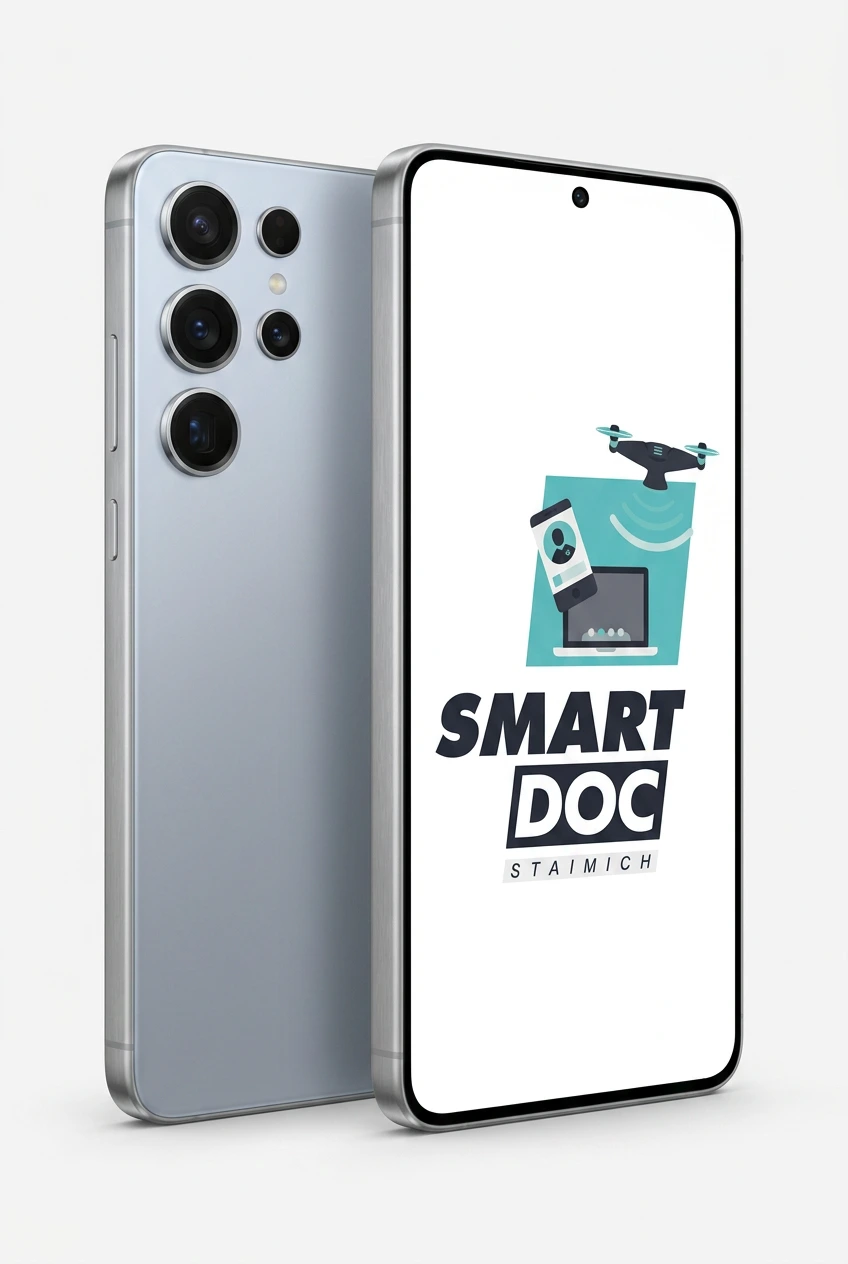 Galaxy S25 Ultra mit SmartDoc-Staimich-Logo auf dem Display, dahinter ein zweites Galaxy S25 Ultra von hinten