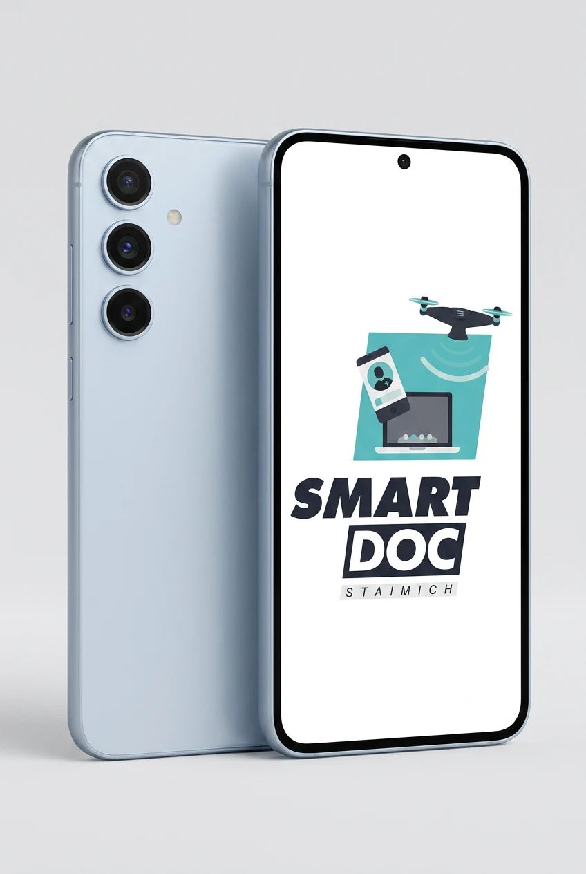 Galaxy S26+ mit SmartDoc-Staimich-Logo auf dem Display, dahinter ein zweites Galaxy S26+ von hinten