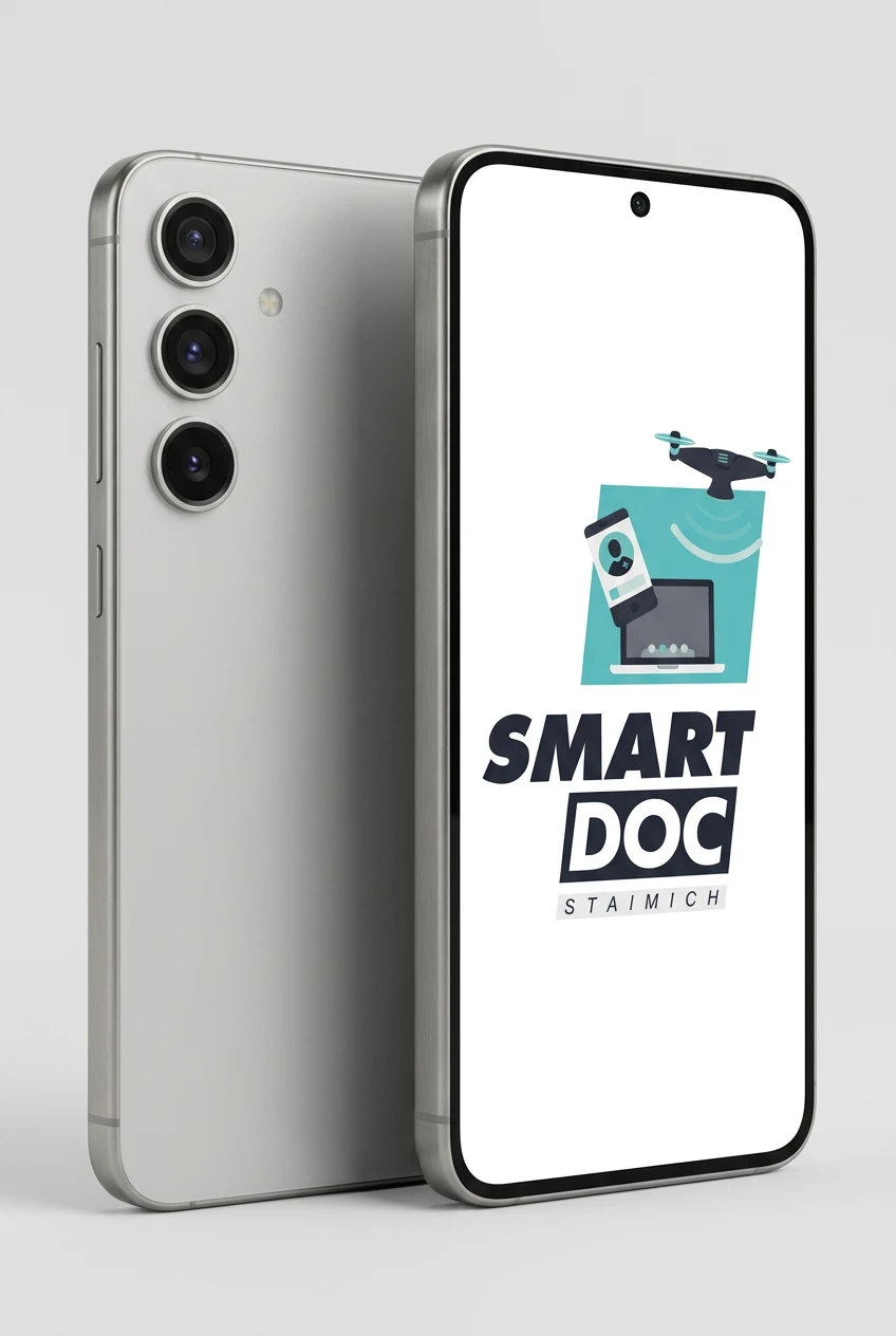 Galaxy S26 mit SmartDoc-Staimich-Logo auf dem Display, dahinter ein zweites Galaxy S26 von hinten