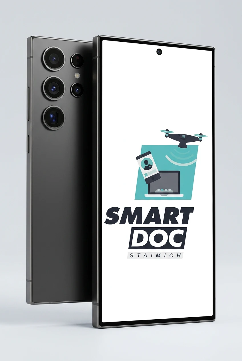 Galaxy S26 Ultra mit SmartDoc-Staimich-Logo auf dem Display, dahinter ein zweites Galaxy S26 Ultra von hinten