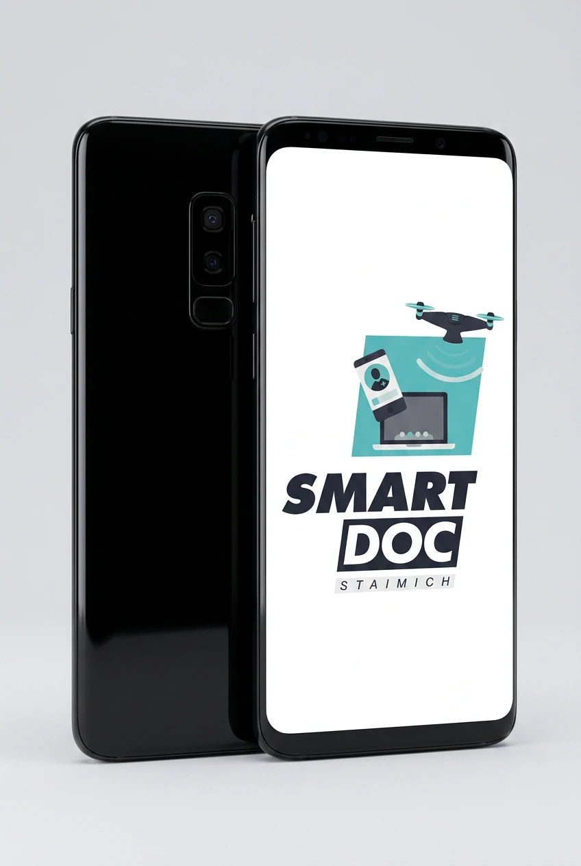 Galaxy S9 Plus mit SmartDoc-Staimich-Logo auf dem Display, dahinter ein zweites Galaxy S9 Plus von hinten