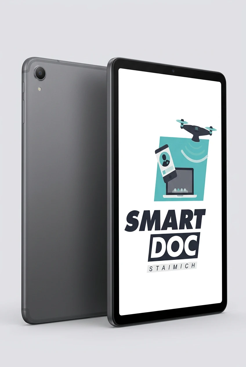 Galaxy Tab A7 mit SmartDoc-Staimich-Logo auf dem Display, dahinter ein zweites Galaxy Tab A7 von hinten