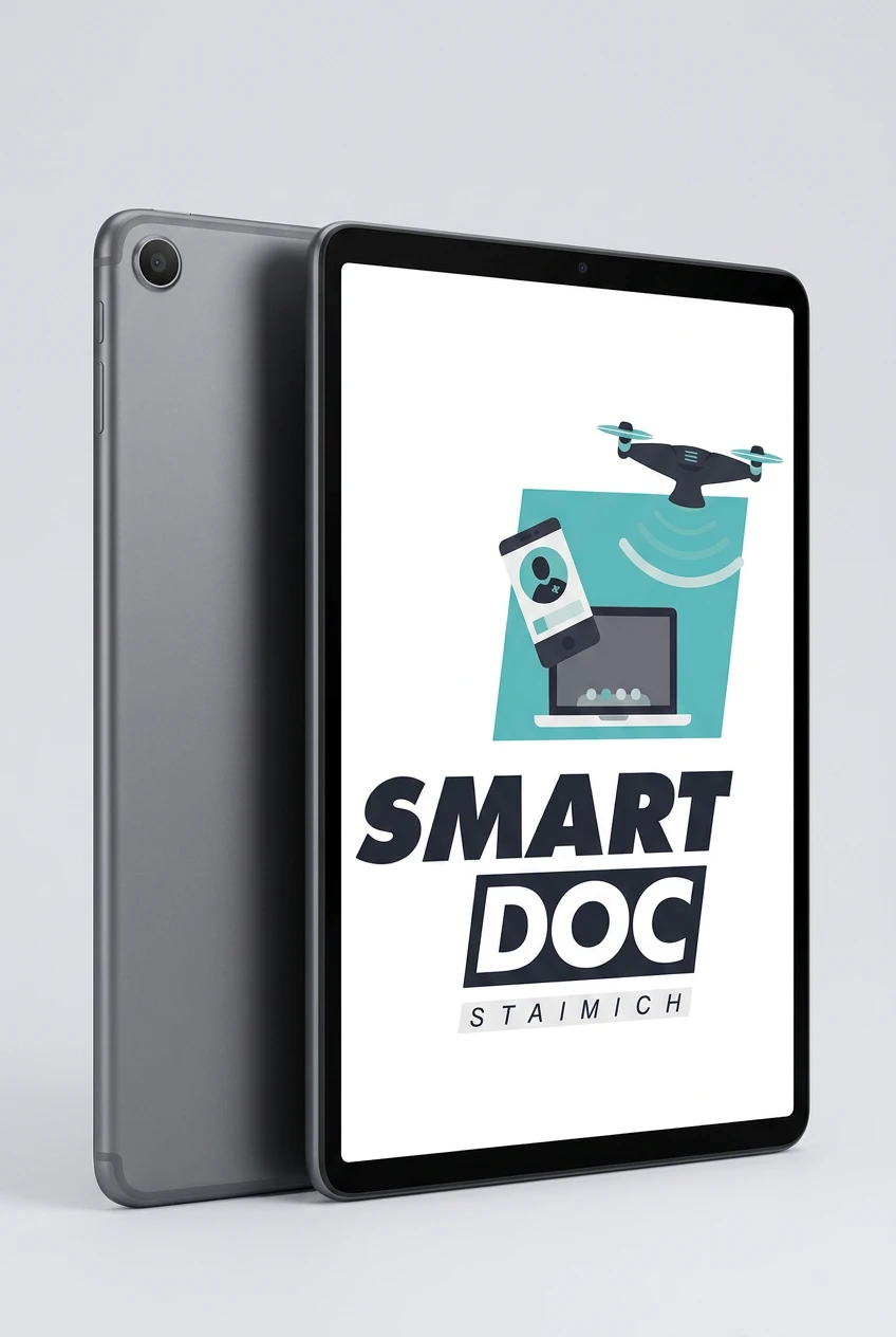 Galaxy Tab A8 mit SmartDoc-Staimich-Logo auf dem Display, dahinter ein zweites Galaxy Tab A8 von hinten