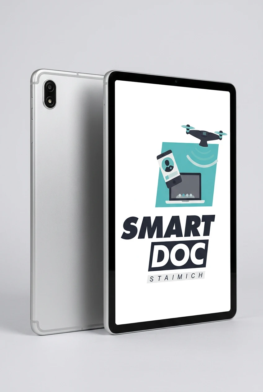 Galaxy Tab A9+ mit SmartDoc-Staimich-Logo auf dem Display, dahinter ein zweites Galaxy Tab A9+ von hinten