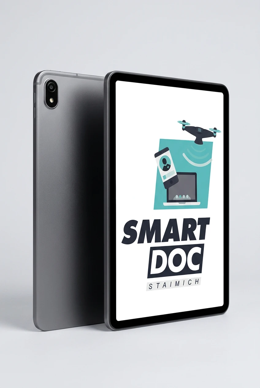 Galaxy Tab A9 mit SmartDoc-Staimich-Logo auf dem Display, dahinter ein zweites Galaxy Tab A9 von hinten